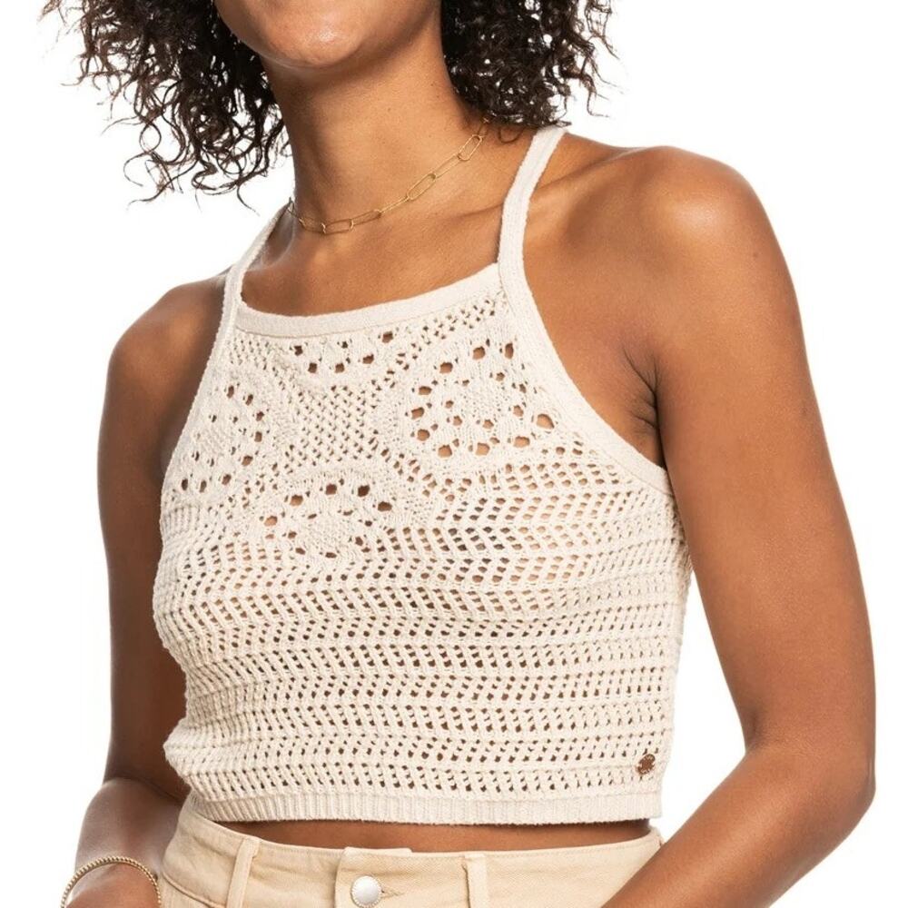 Roxy Crochet Tank Top Cream Ivory Open Knit High Neck Racerback Size M EUC